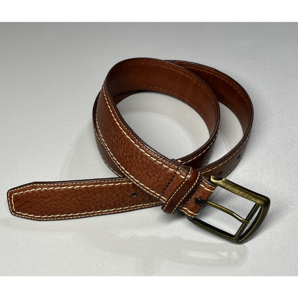 Cole Haan Pebbled Leather Belt Mens 32 80 cm Brown Contrast Stitching A08979 - Picture 1 of 9